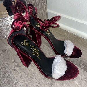 Wine Velvet Strappy Block Heels